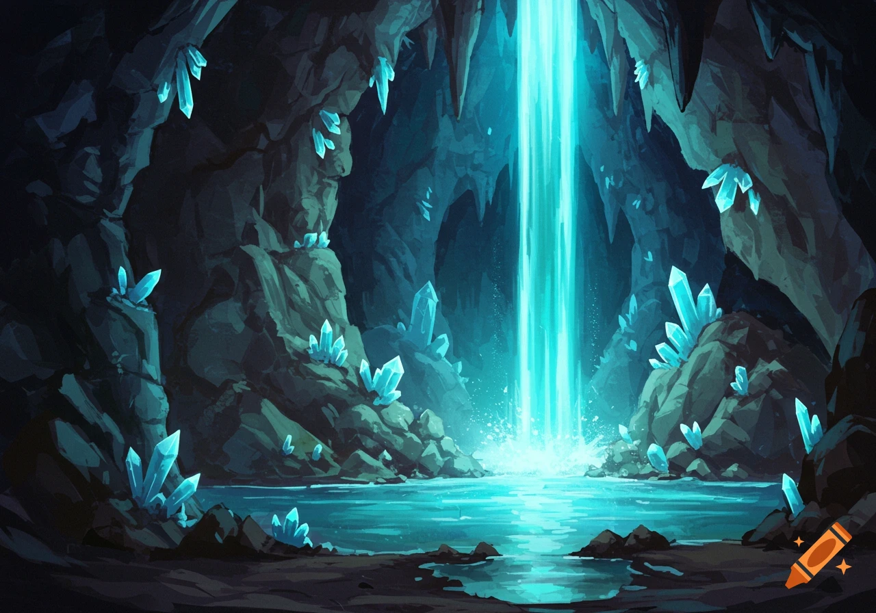 A glowing blue waterfall plunges into a pool within a crystal-filled cave.