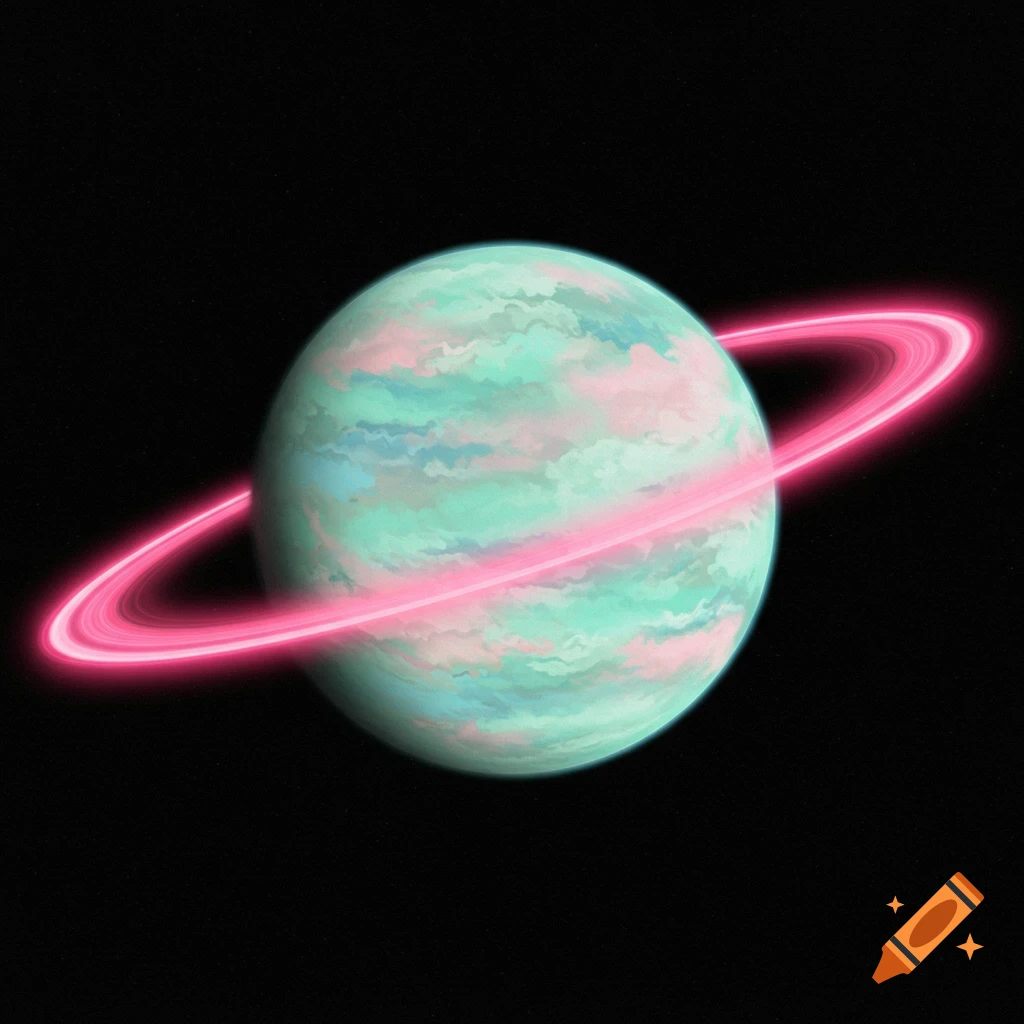 A pastel-colored planet with a glowing pink ring against a starry black background.