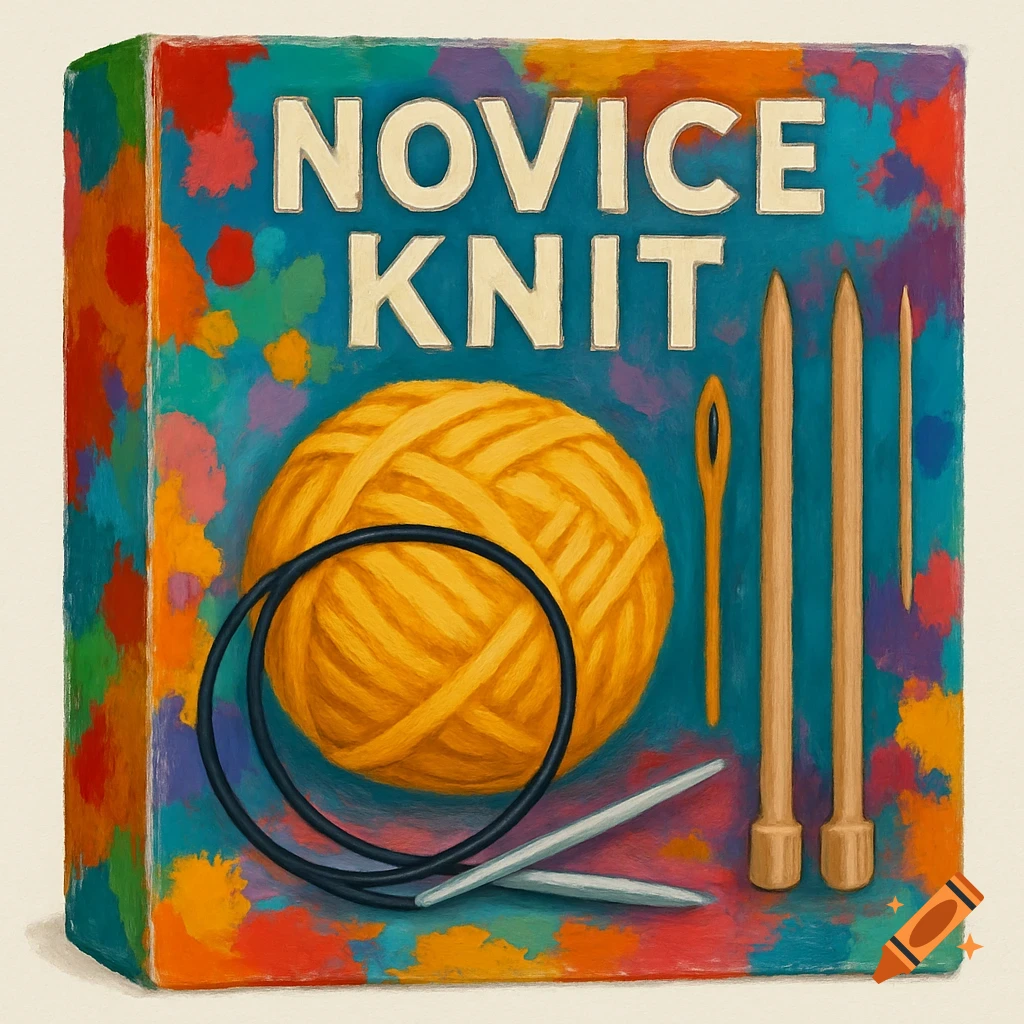 Novice Knit kit box with yarn and needles in a colorful, painterly style illustration