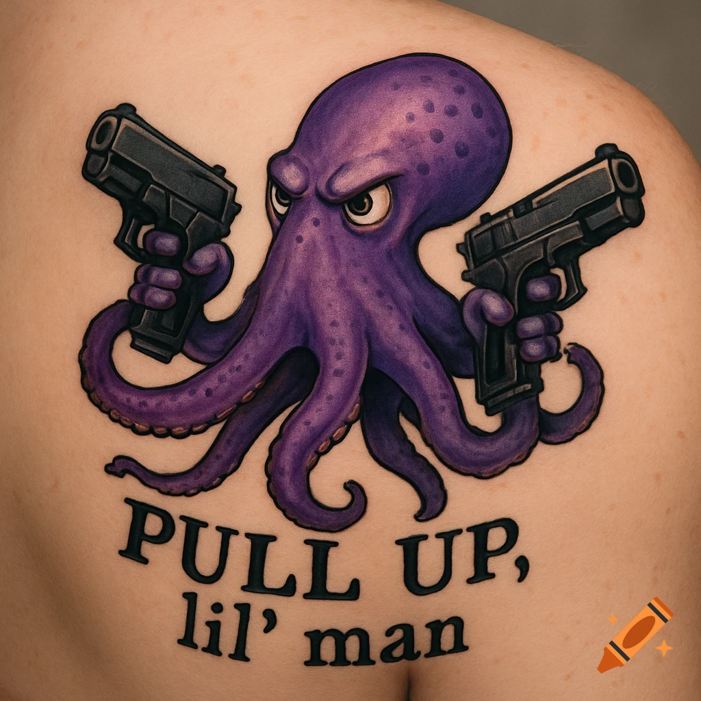 A cartoon-style purple octopus tattoo on skin, holding two pistols, with the text 'PULL UP, lil' man'.