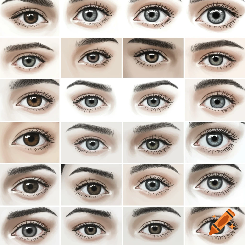 Grid of illustrated human eyes with various shapes and colors.