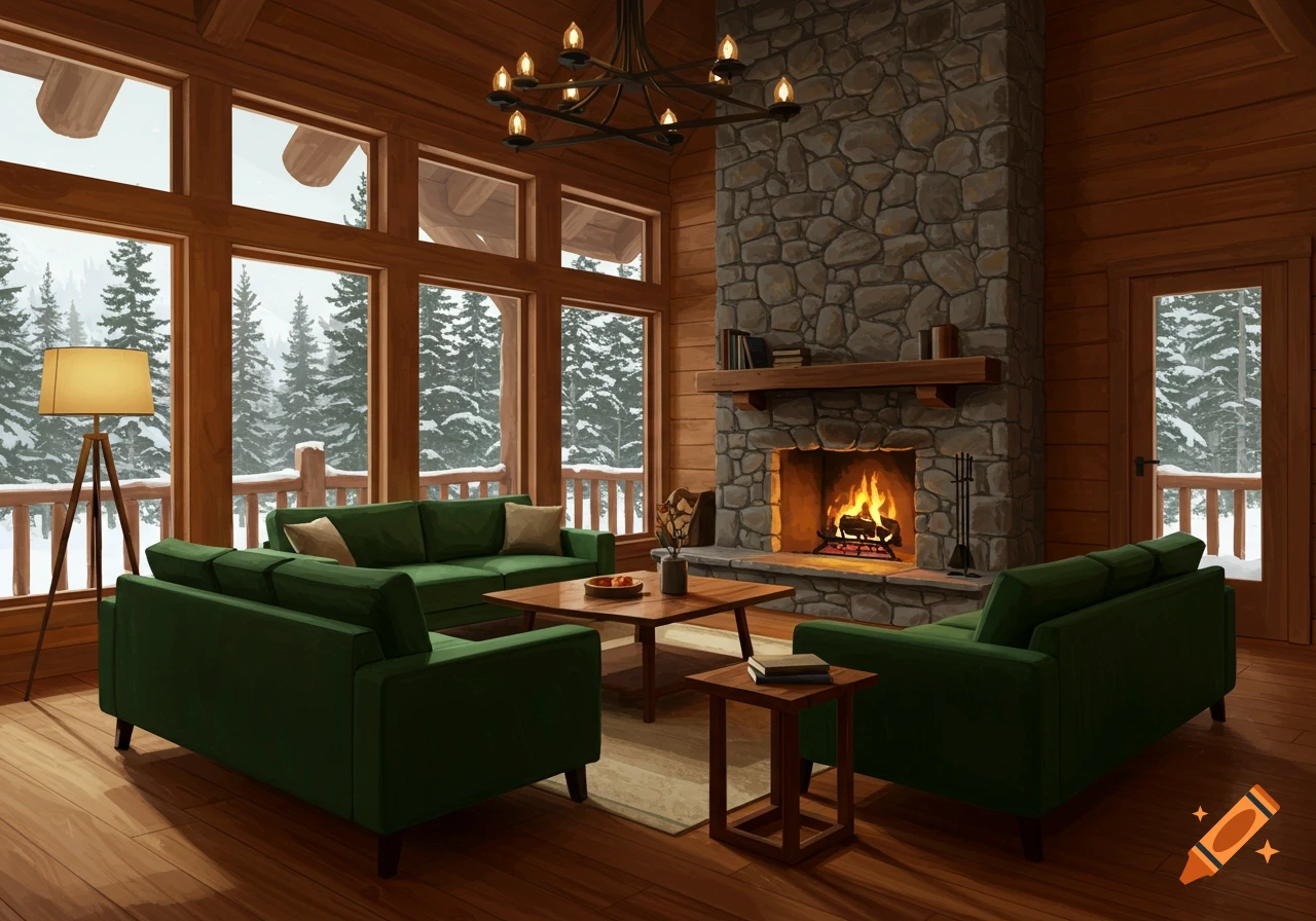 A cozy cabin living room with green couches, a fireplace, and large ...