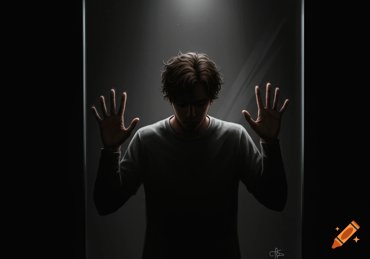 Person in shadow presses hands against glass, looking down, dramatic lighting