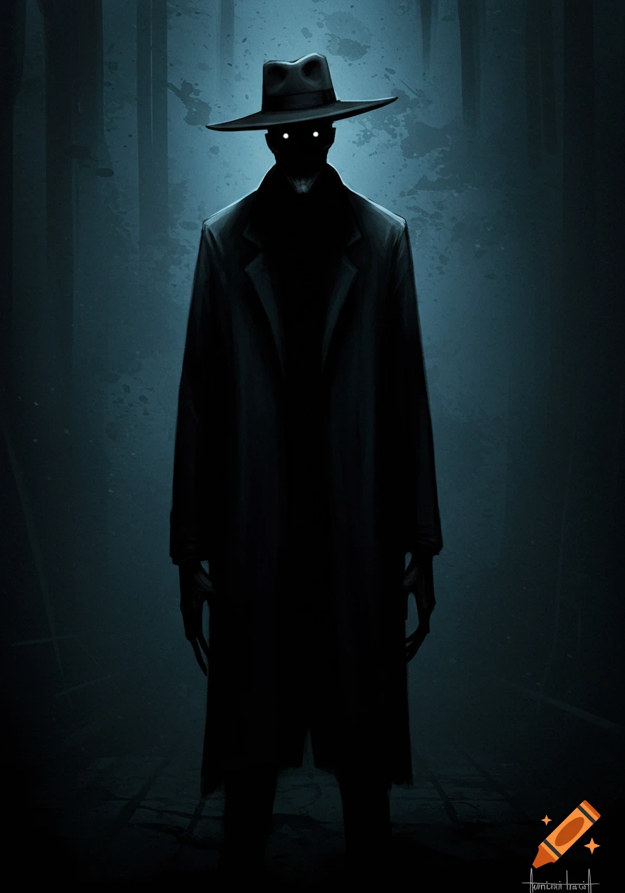 A tall, dark figure in a hat and trench coat with glowing white eyes stands in a dark, eerie space.