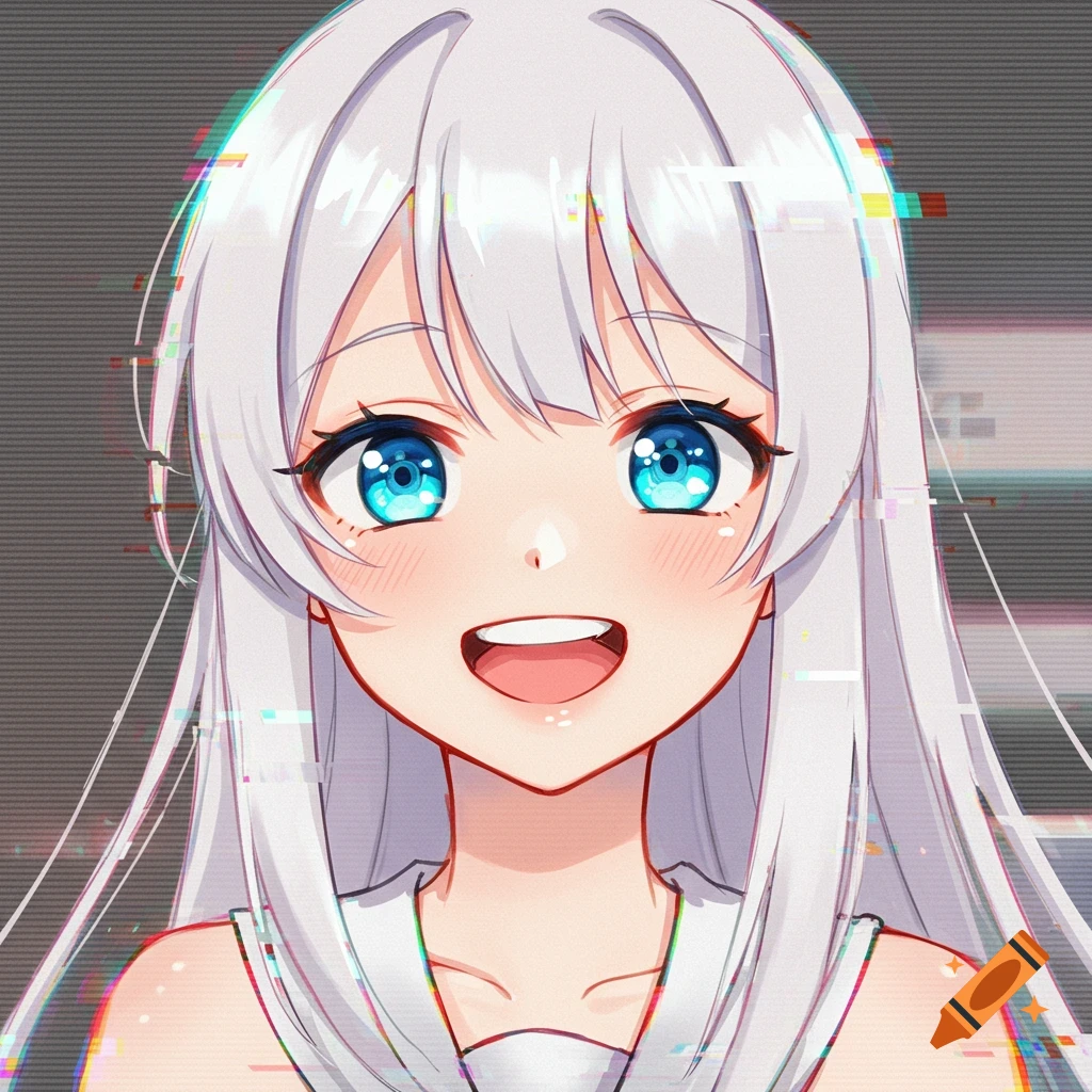 Anime profile picture of a smiling girl with white hair and blue eyes, with glitch effects.