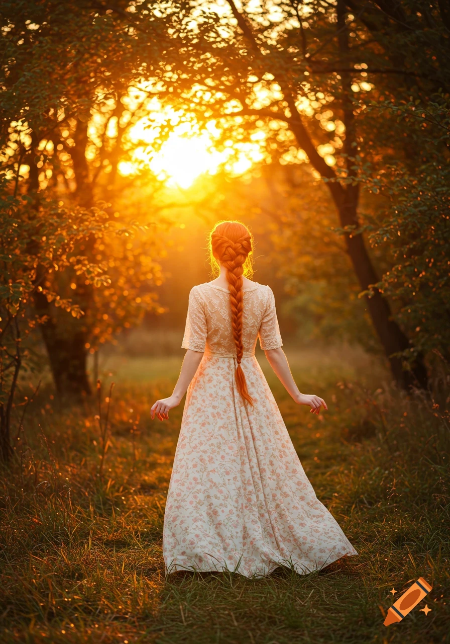 A woman with red braided hair in an Edwardian dress stands in a field at sunset, viewed from behind.
