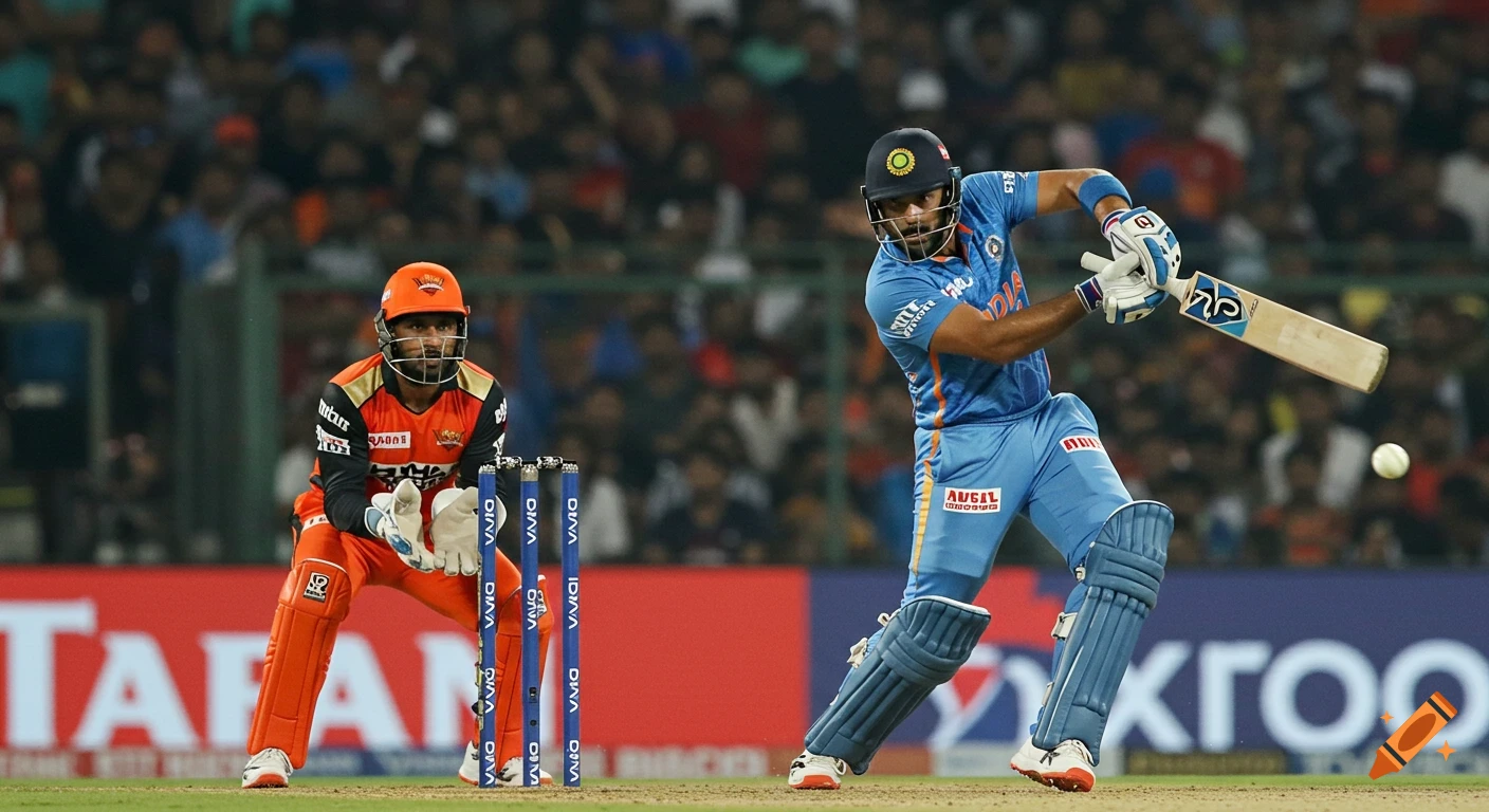 A batsman in blue hits the ball during a cricket match, with a wicketkeeper in orange behind the stumps.