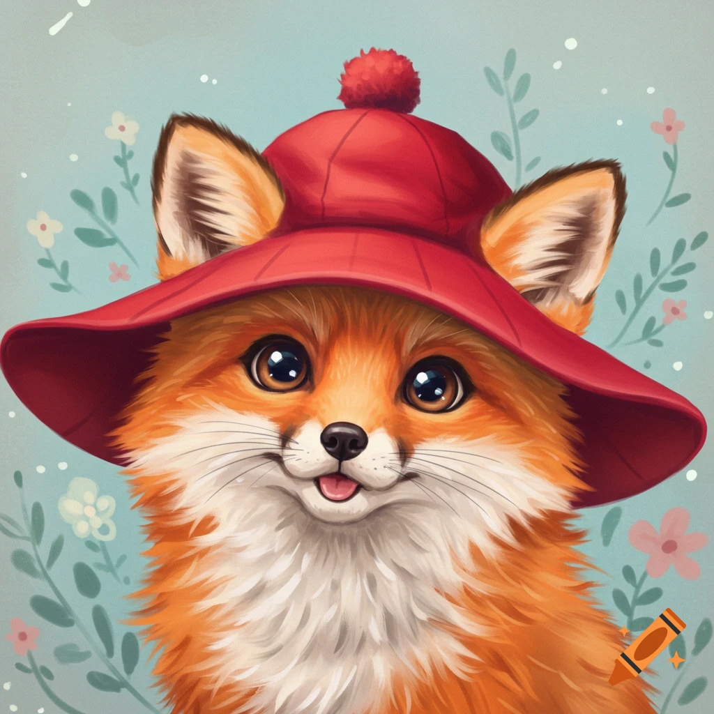 Cute illustration of a fox wearing a red hat with flowers