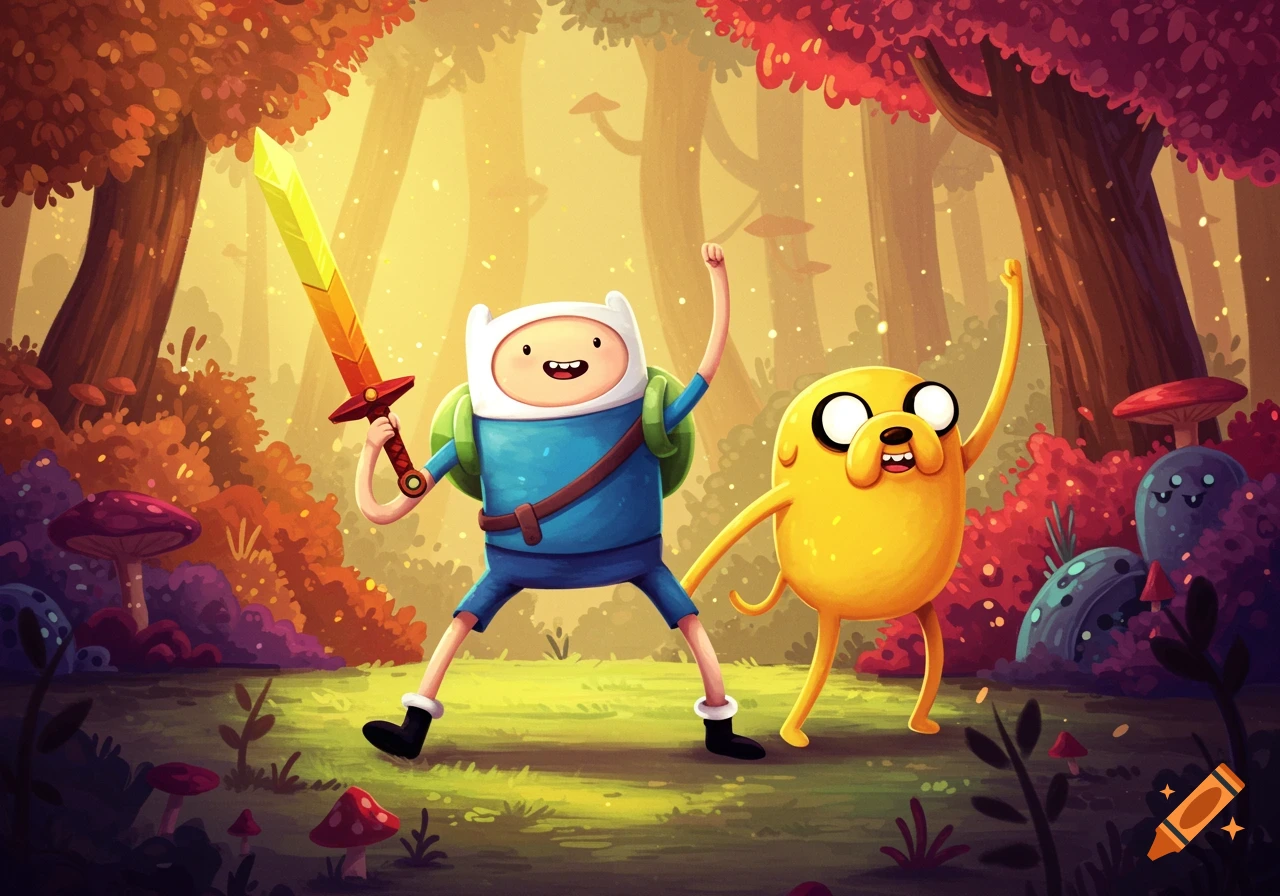 Finn and Jake from Adventure Time stand happily in a vibrant forest.