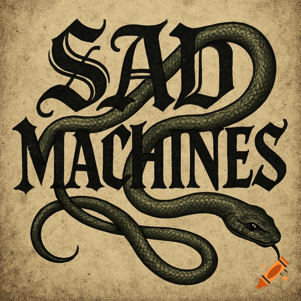 Gothic text 'SAD MACHINES' intertwined with a snake on a textured background.