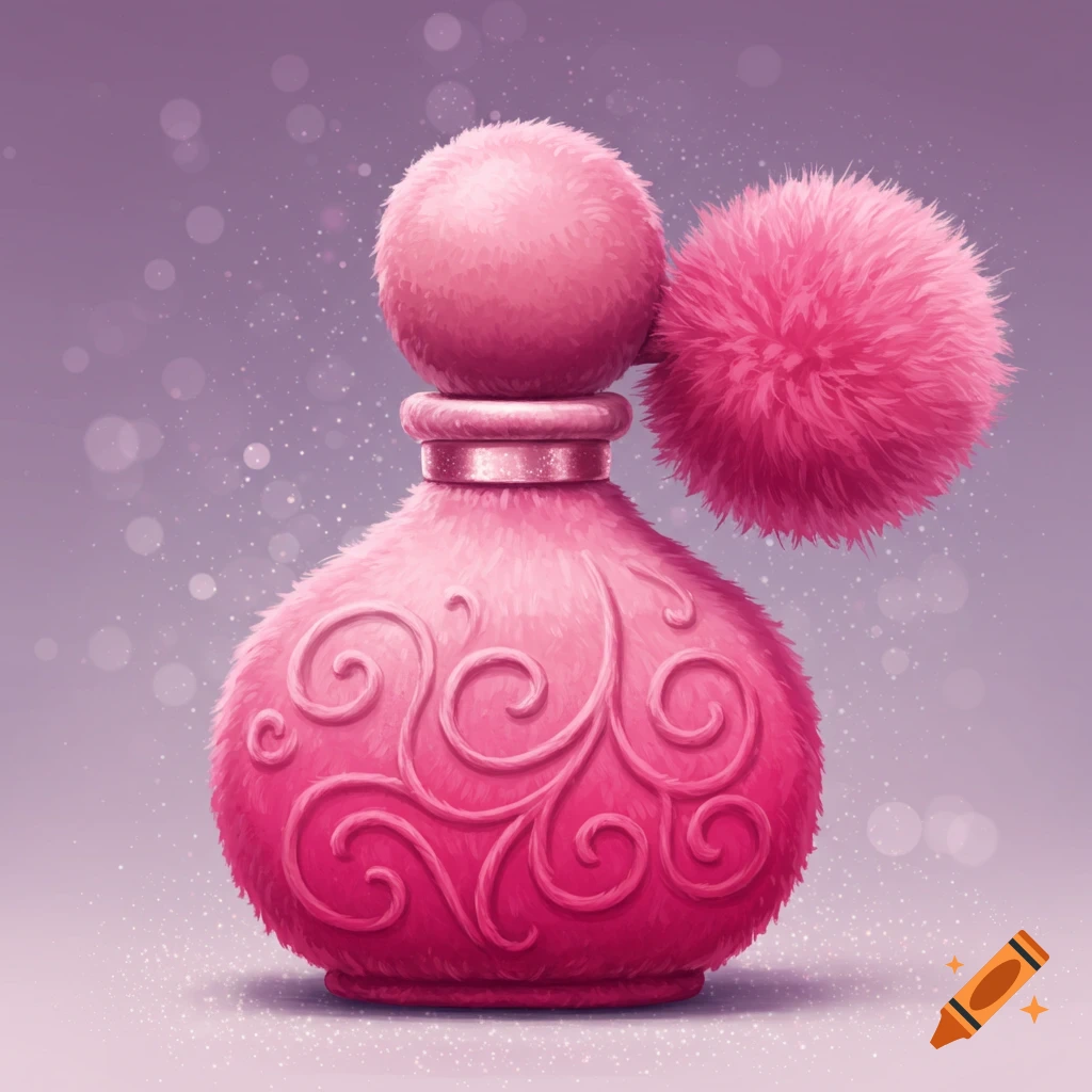 Pink plush perfume bottle with fluffy pump on a sparkly background.