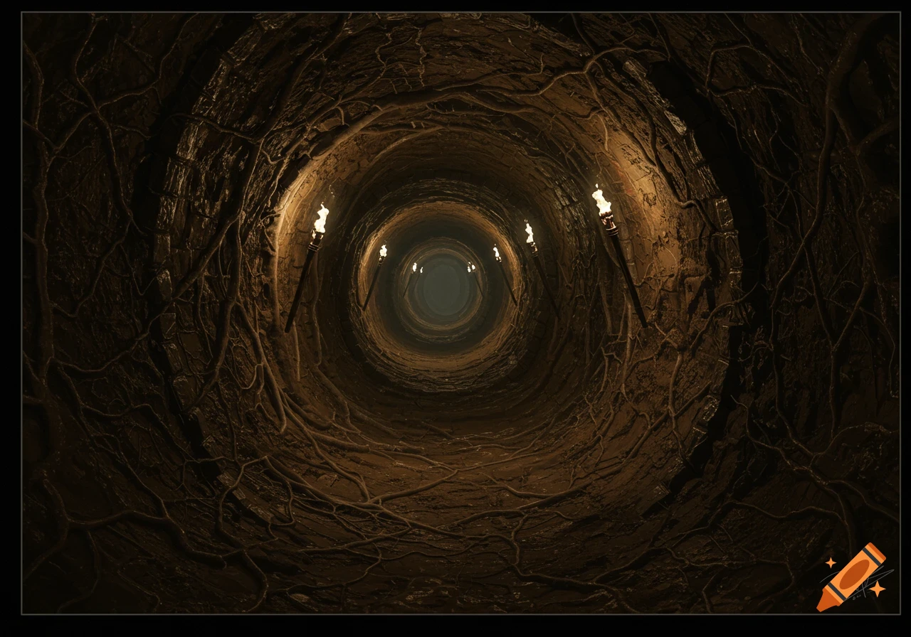 Dark circular underground tunnel with walls of dirt, stone, and roots, lit by torches receding into the distance.
