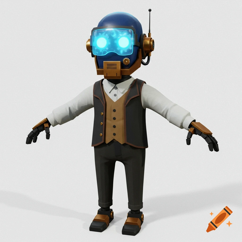 Low-poly 3D rendering of a steampunk robot character in a suit and T-pose against a white background.