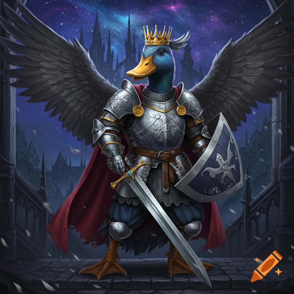 A duck knight in armor, wings, and crown stands with sword and shield before a fantasy castle under a starry sky.