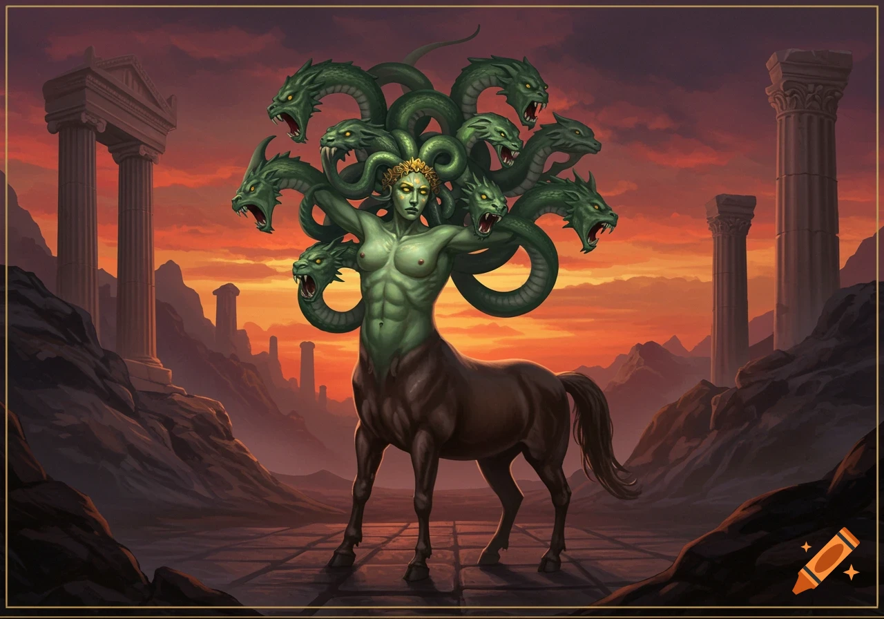 A green mythological creature with a human torso, multiple snake heads, and a centaur body stands in ancient ruins at sunset.