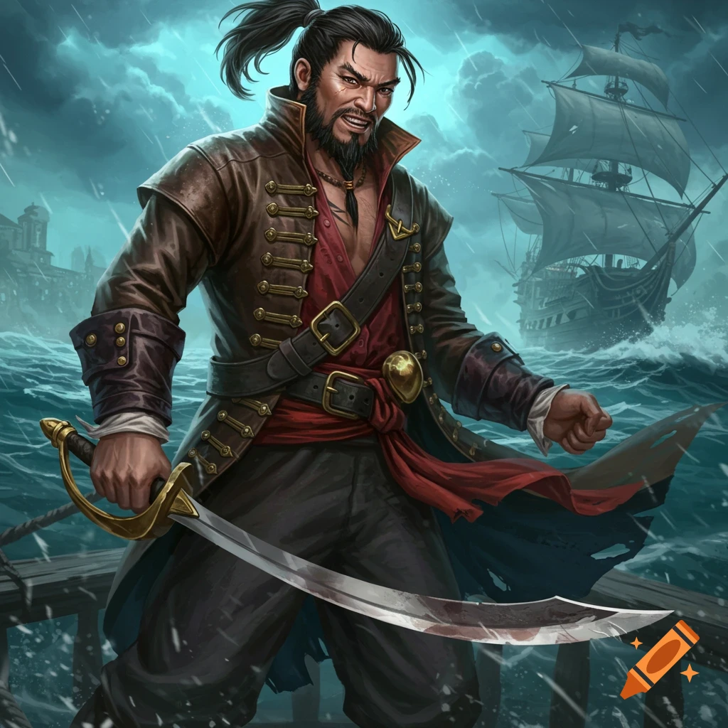 An illustration of a male pirate on a ship deck during a storm, holding ...