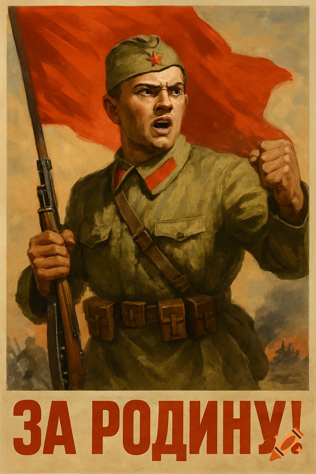 Soviet propaganda poster of a soldier with rifle and red flag, text ...