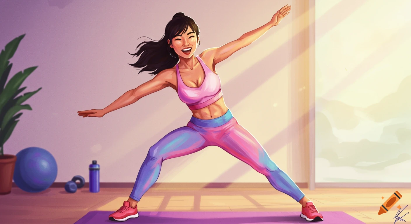 Illustration of a woman doing a jumping jack exercise on a mat in a sunny room.
