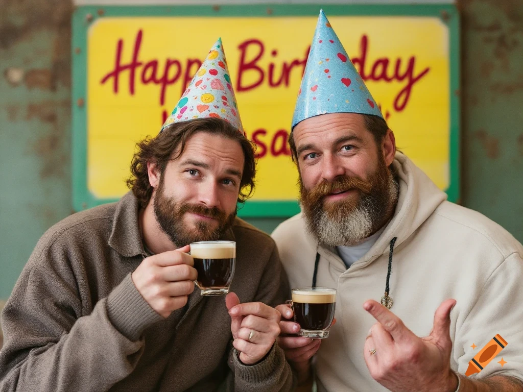Two men wearing birthday hats hold coffee cups in front of a Happy Birthday sign.
