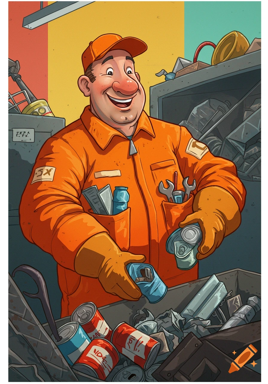 Cartoon man sorting metal items for recycling.