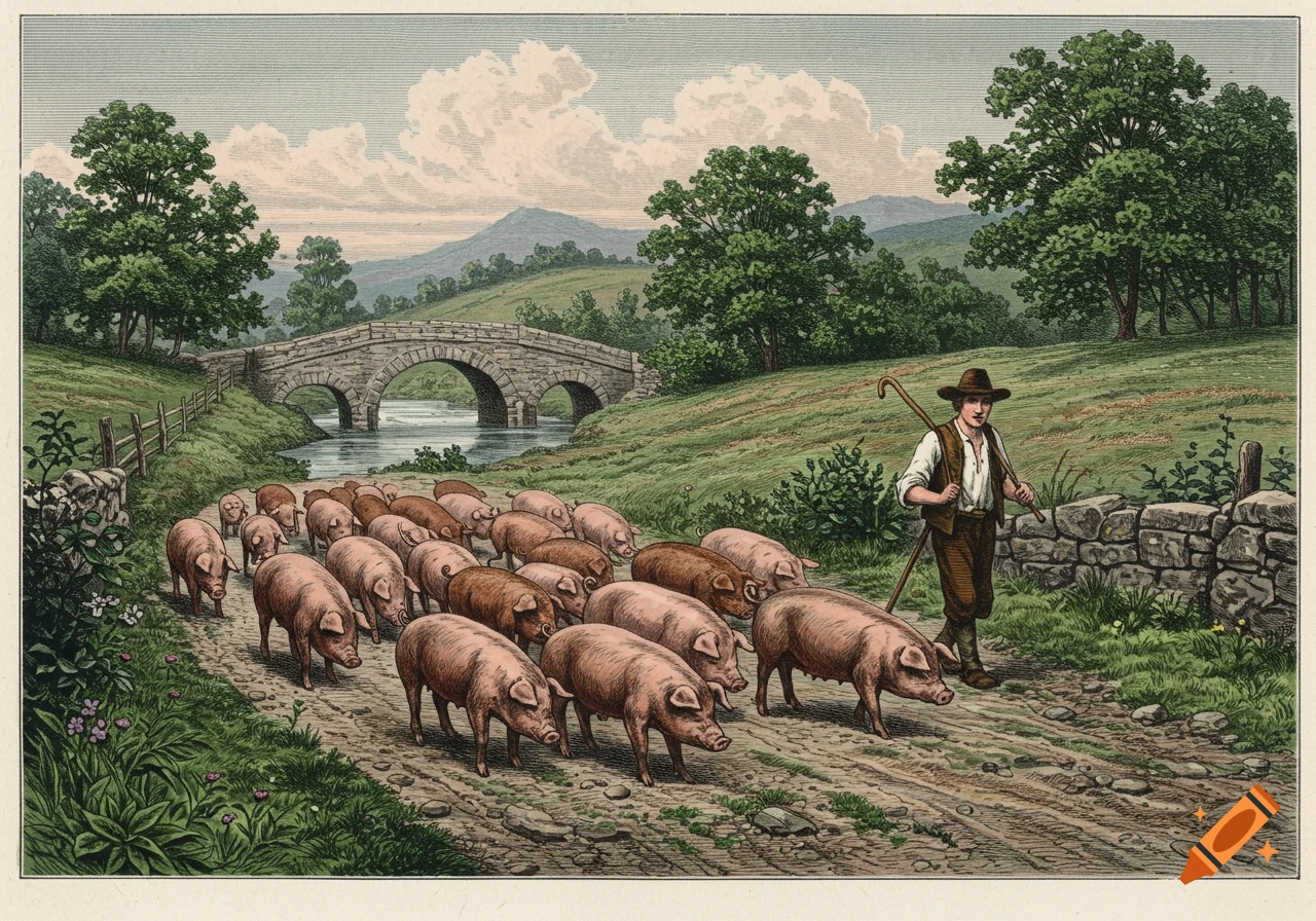An engraving of a shepherd driving pigs along a country road past a stone bridge.