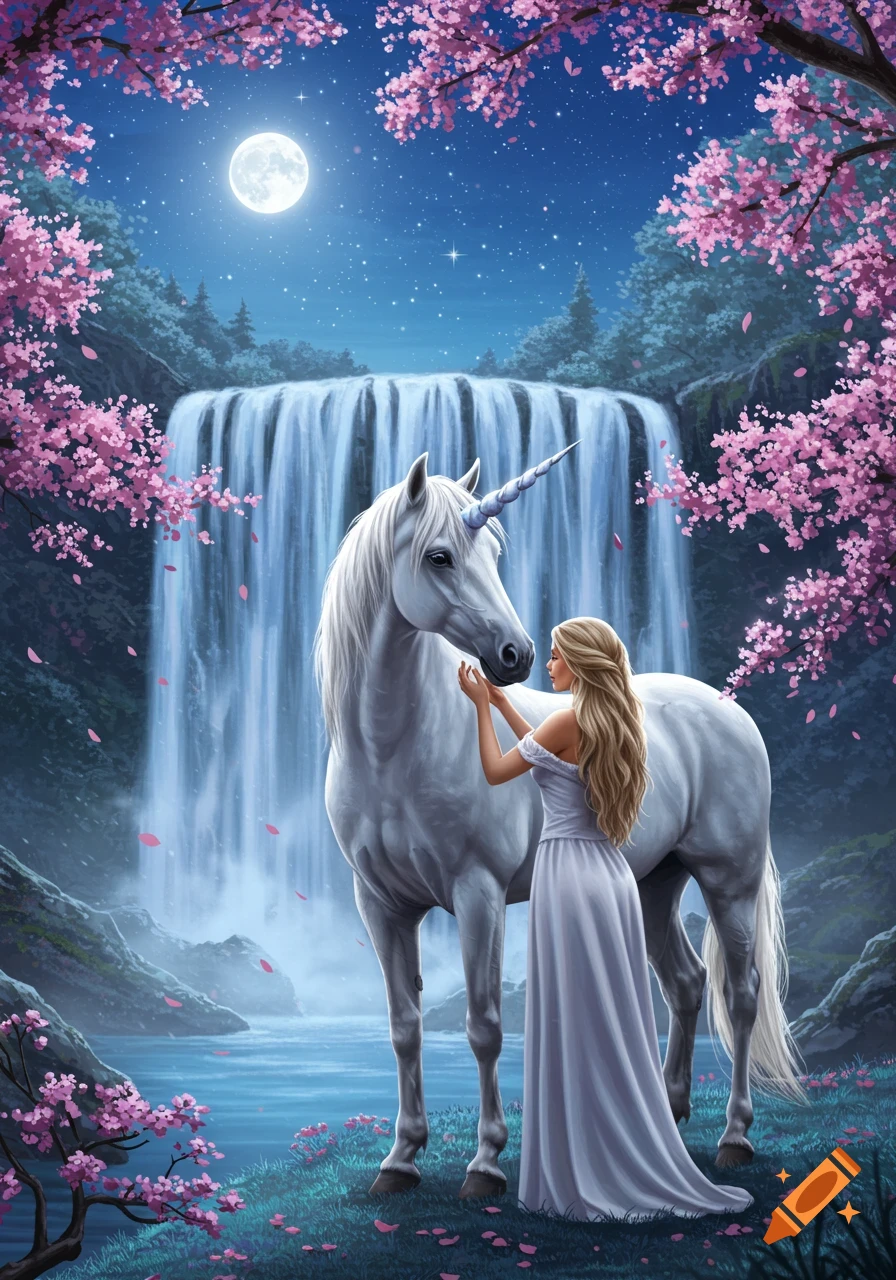 Woman pets a unicorn by a waterfall under a starry, moonlit sky with cherry blossoms