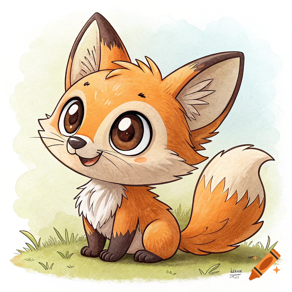 A cute, big-eyed cartoon fox sits in grass in a watercolor style.
