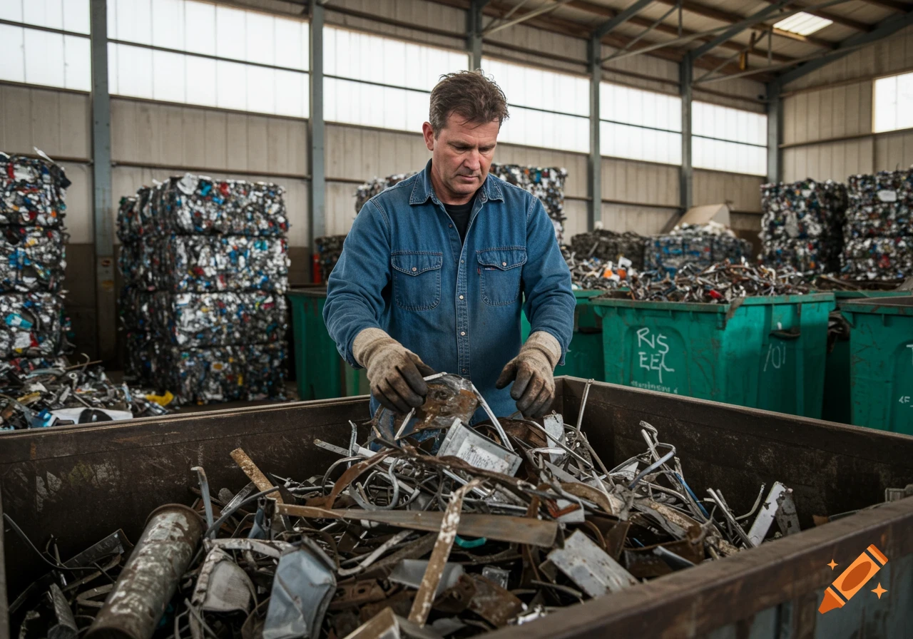 Man in denim shirt and gloves sorting metal scrap in a recycling warehouse