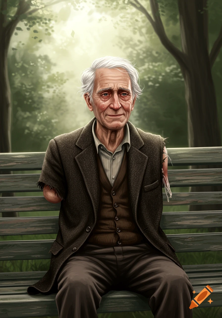 An old man with missing arms sits sadly on a park bench.
