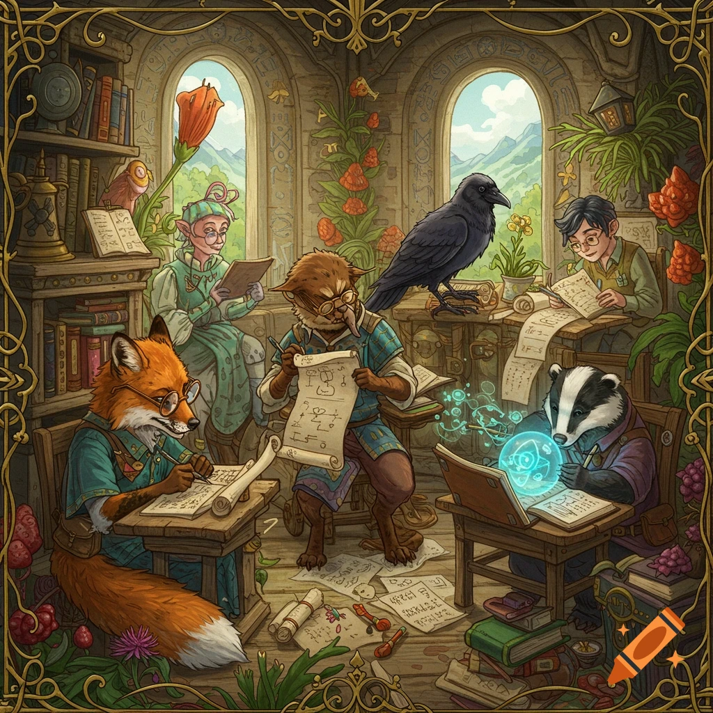 Anthropomorphic animals study in a magical library.