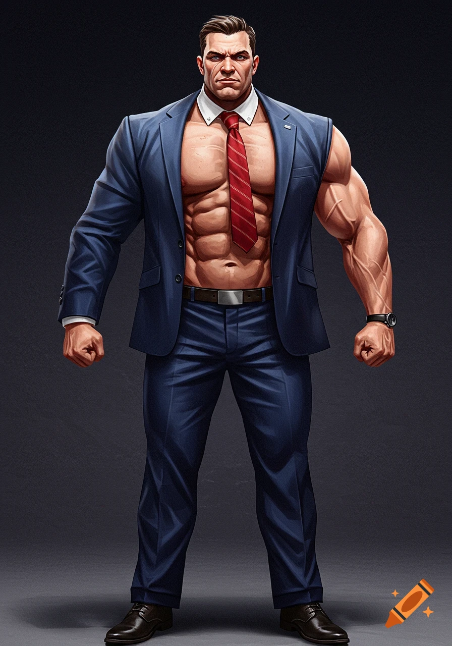 Muscular man in a suit jacket and tie with exposed chest, digital illustration