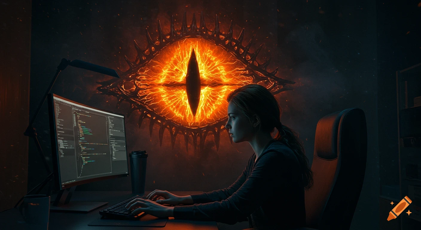 Woman programs at computer watched by the fiery Eye of Sauron.