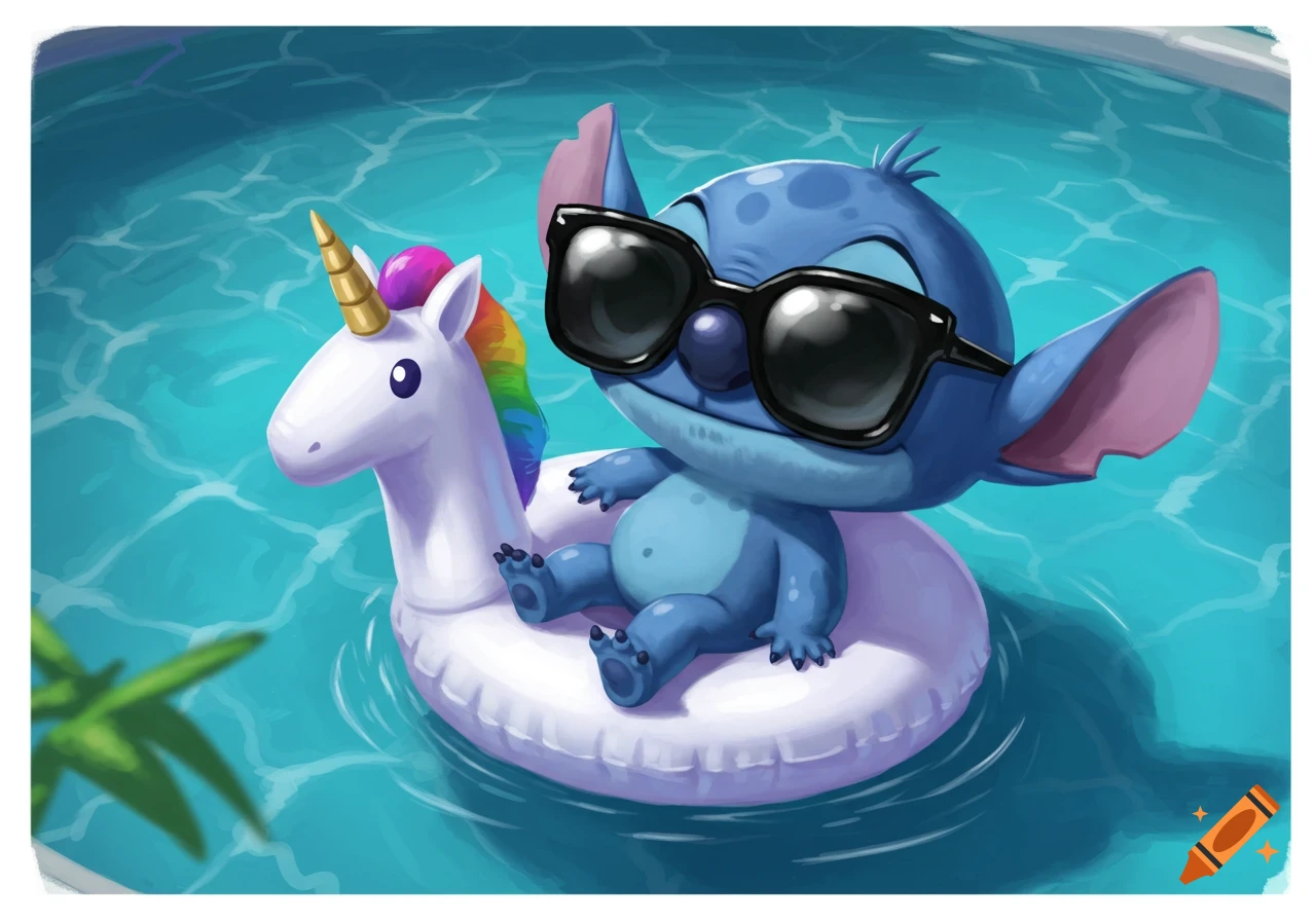 Cartoon blue alien in sunglasses floats on a unicorn ring in a pool