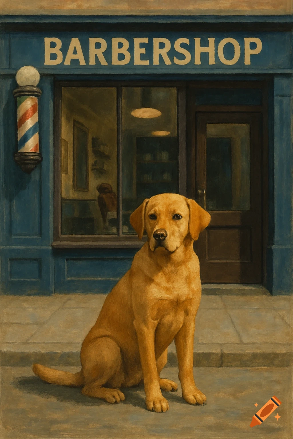 A golden retriever dog sits patiently on the sidewalk in front of a blue barbershop with a striped pole, rendered in a painterly style.