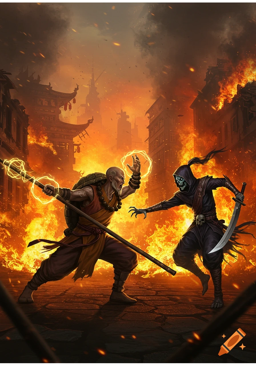 A monk battles a shadowy figure with a sword in a burning city.