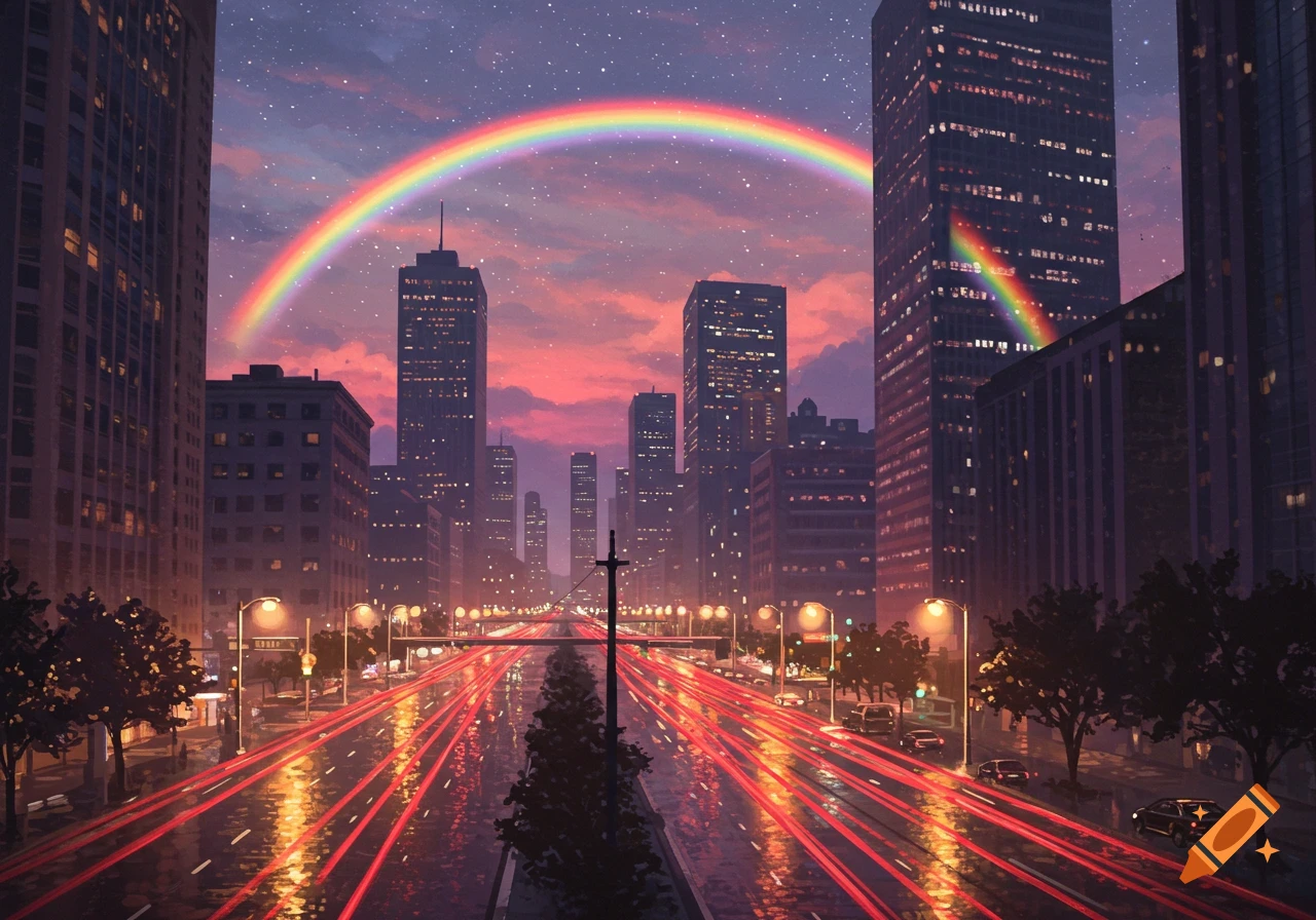 Illustrated cityscape at night with car light trails and a large rainbow across the sky.