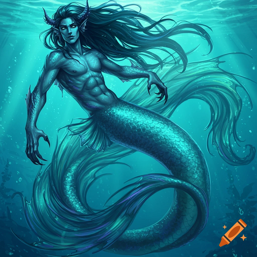 Fantasy art of a merman with horns, claws, long hair, and a flowing tail swimming underwater.