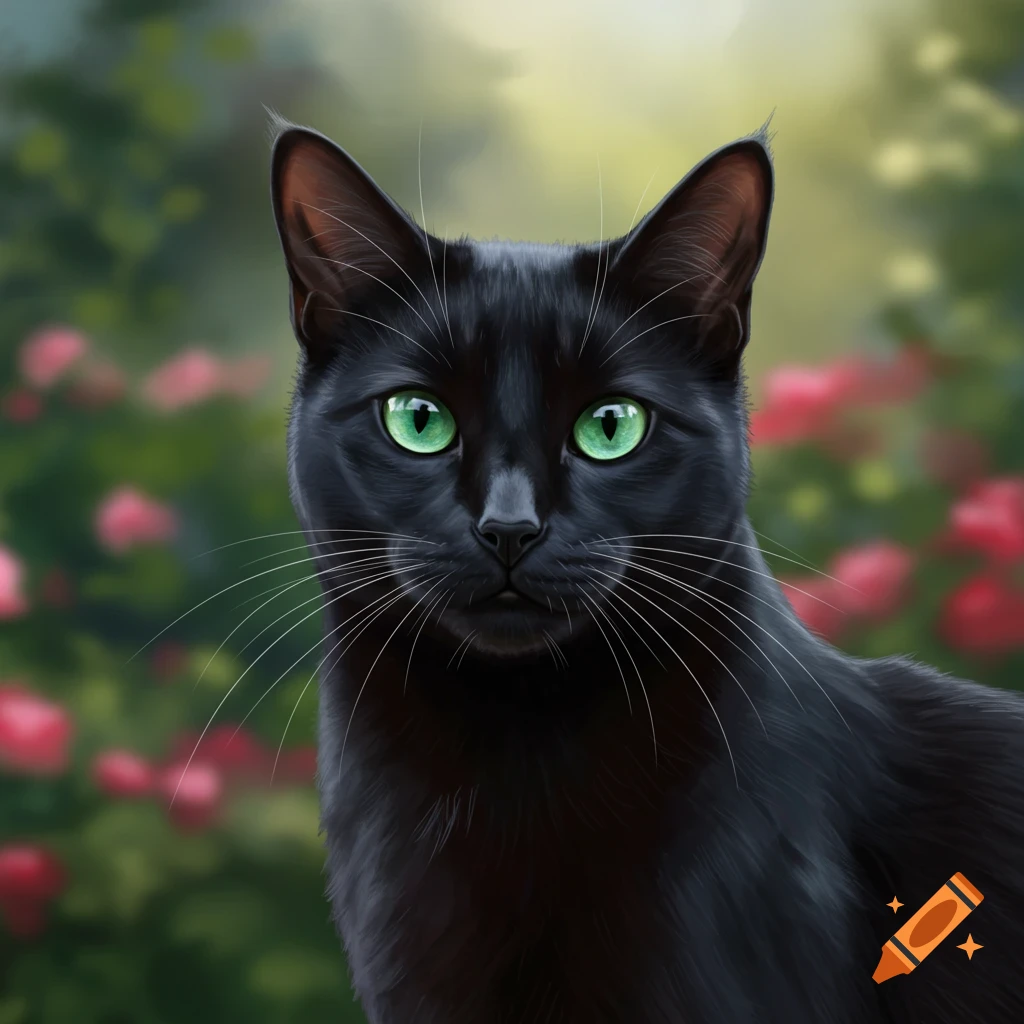 Close-up of a black cat with green eyes against a blurred garden background.