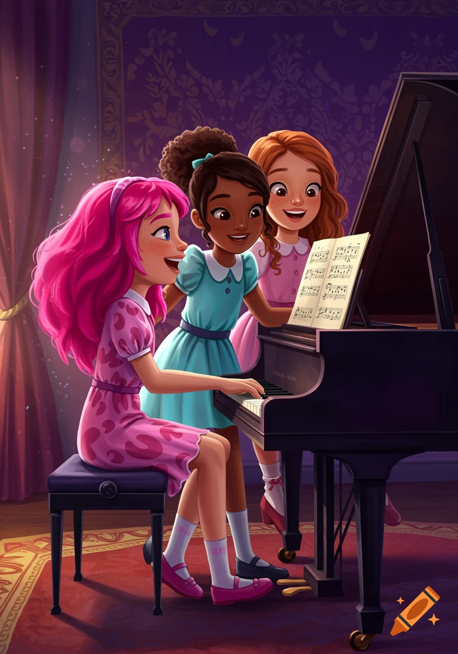 Three animated girls play a piano in a room.