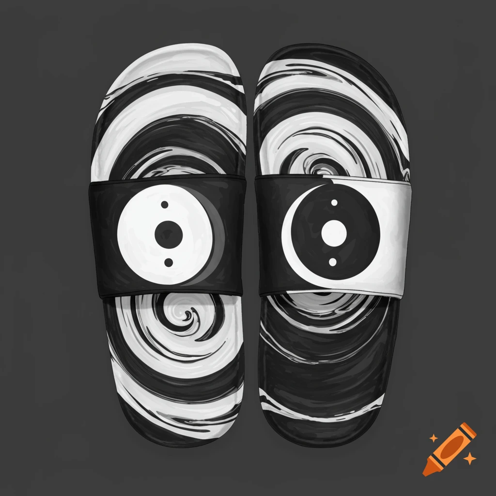 Pair of slides with black and white swirl pattern and yin yang symbol