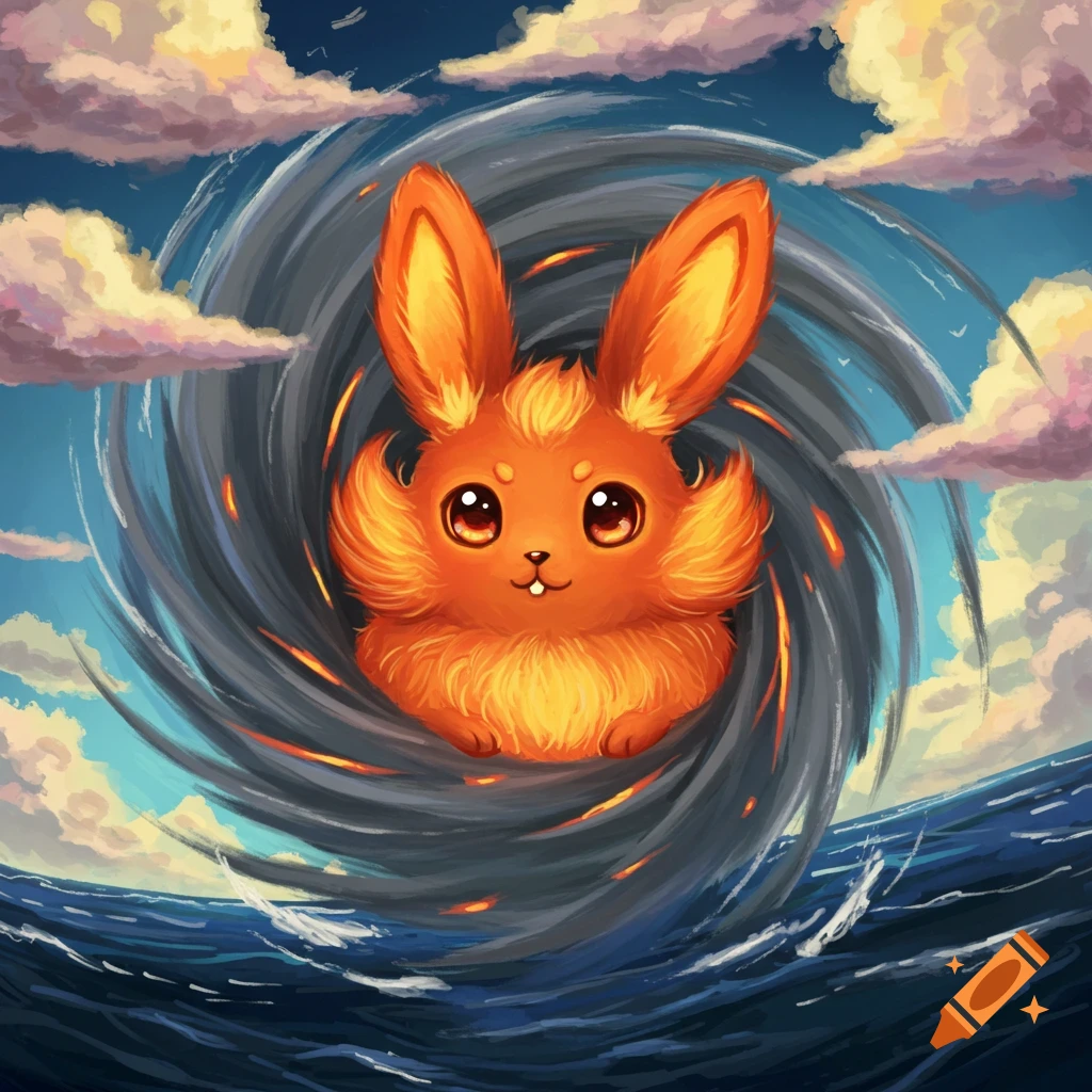 A cute orange bunny creature in the center of a swirling storm vortex over a stormy ocean in anime style.