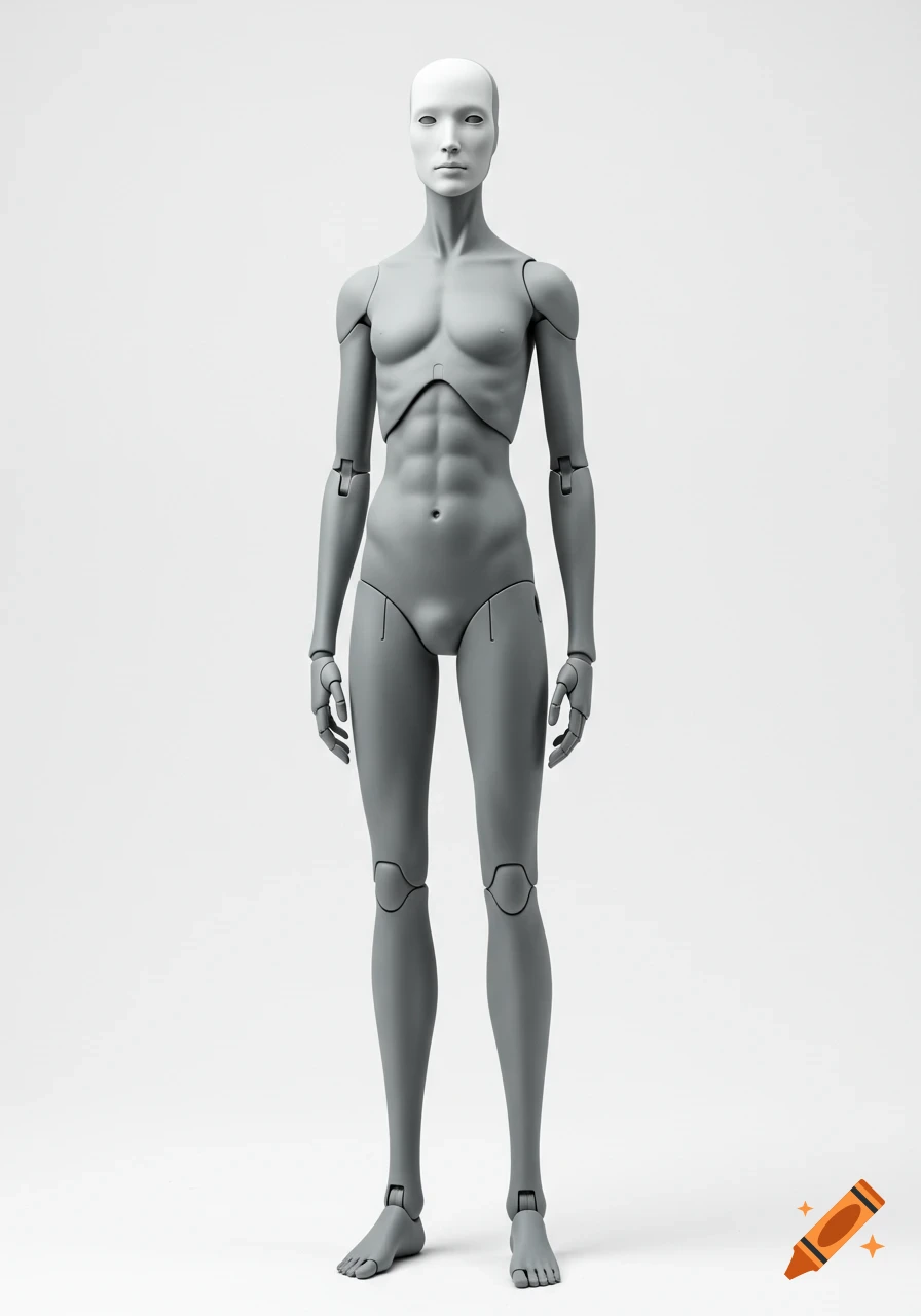 Full body shot of a grey robot mannequin on a white background.