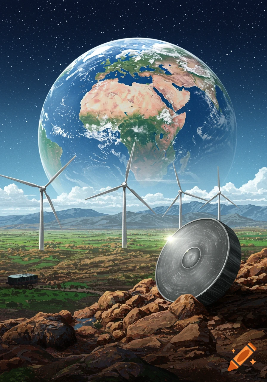 Earth hangs in space above a landscape with wind turbines and a metal disc on rocky ground.