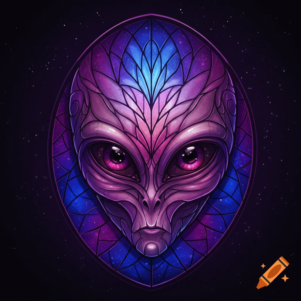 Stylized alien head in purple and blue stained glass pattern against a starry space background.