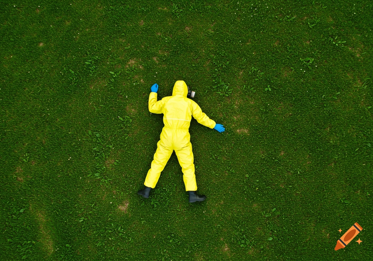 Aerial view of a person in a yellow hazmat suit lying face down on green grass.