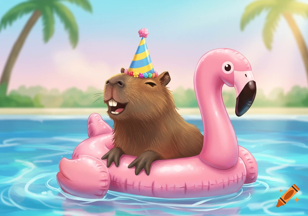 A cartoon capybara with a birthday hat floats on a pink flamingo in a pool.