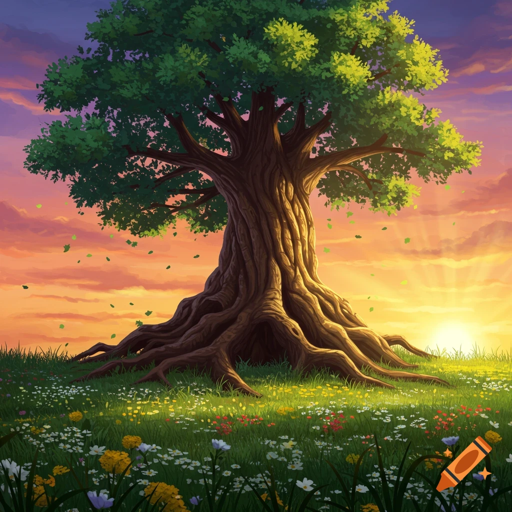 Large old tree with exposed roots in a field of wildflowers at sunset, illustration style.