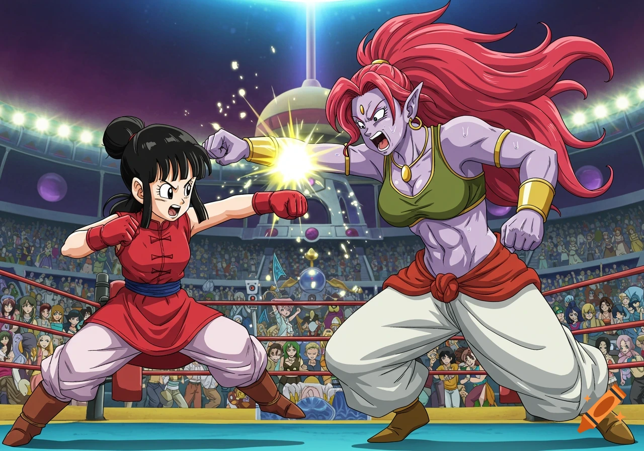 Anime style illustration of Chi Chi fighting a female genie character in a boxing ring.