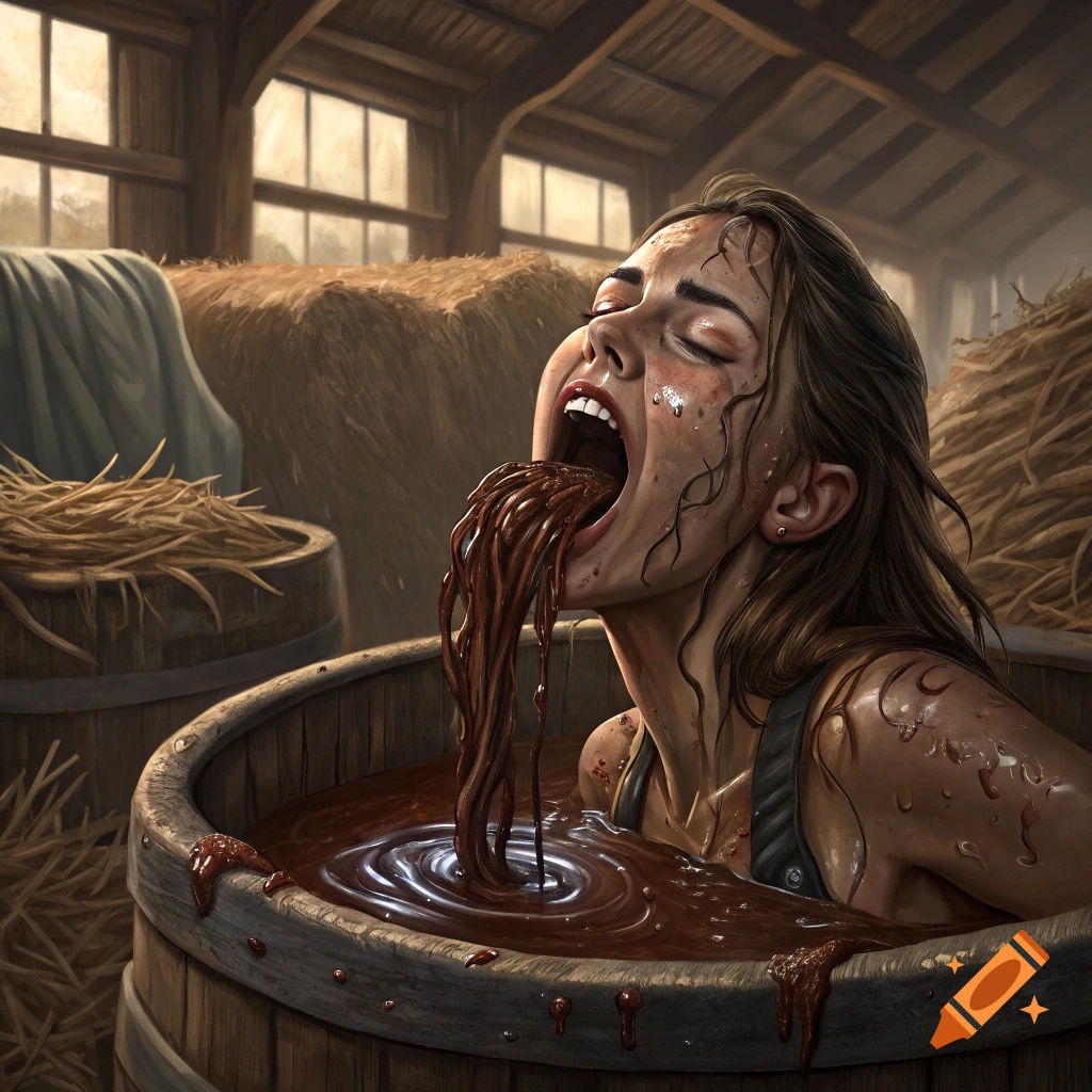 A woman covered in a dark, viscous substance is submerged in a wooden vat in a barn, with the substance pouring from her mouth.