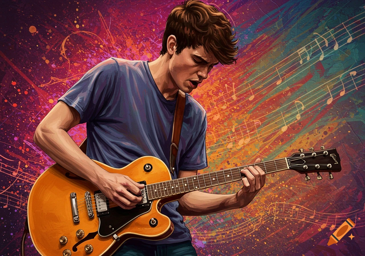 Illustration of a man playing an acoustic guitar against a colorful background with musical notes.